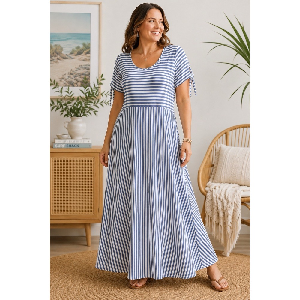 Emma & Michele 1X Blue White Striped Maxi Dress Tie Sleeve Stretch Jersey
